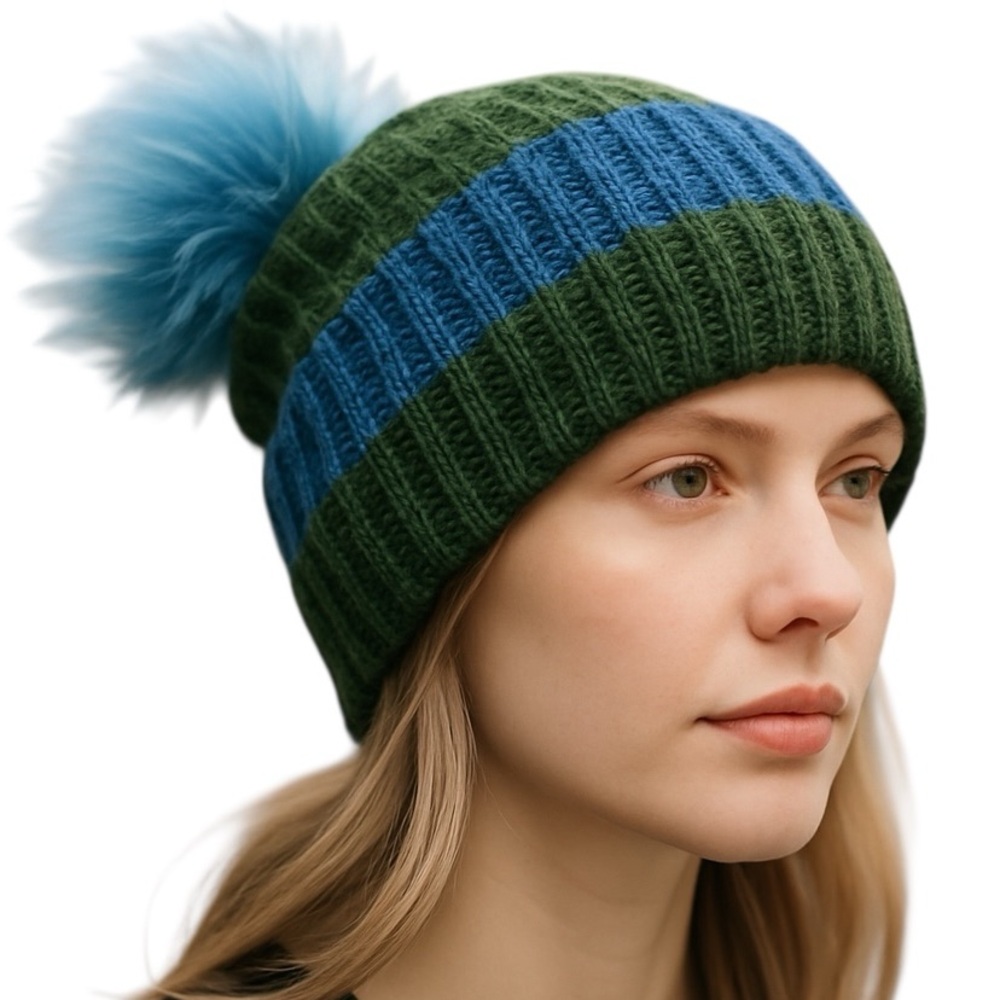 Hat Attack Womens Fur Pom Pom Knit Happy Stripes Beanie NWOT Blue/Green
